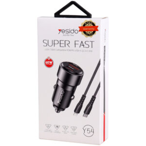 شارژر فندکی 60 وات یسیدو مدل Y54 به همراه کابل تبدیل لایتنینگ