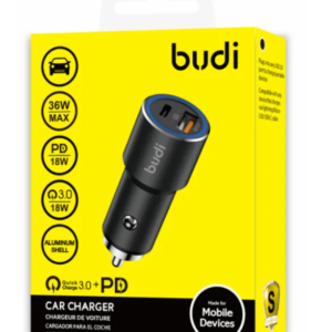 شارژر فندکی 36 وات بودی مدل Budi CC628TQB با یک خروجی USB و یک خروجی USB-C با گارانتی ۱۸ ماهه شرکتی (۶ ماه تعویض)