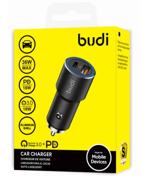 شارژر فندکی 36 وات بودی مدل Budi CC628TQB با یک خروجی USB و یک خروجی USB-C با گارانتی ۱۸ ماهه شرکتی (۶ ماه تعویض)
