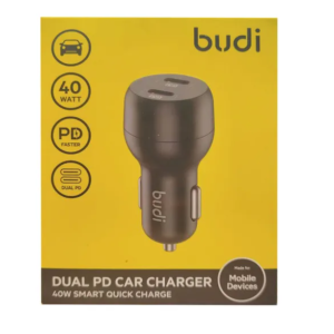 شارژر فندکی 40 وات بودی مدل Budi CC108RB با دو خروجی USB-C با گارانتی