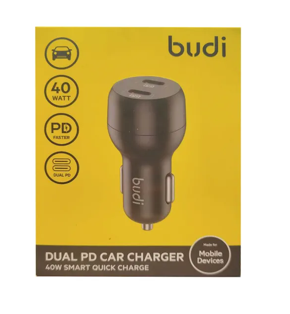 شارژر فندکی 40 وات بودی مدل Budi CC108RB با دو خروجی USB-C با گارانتی
