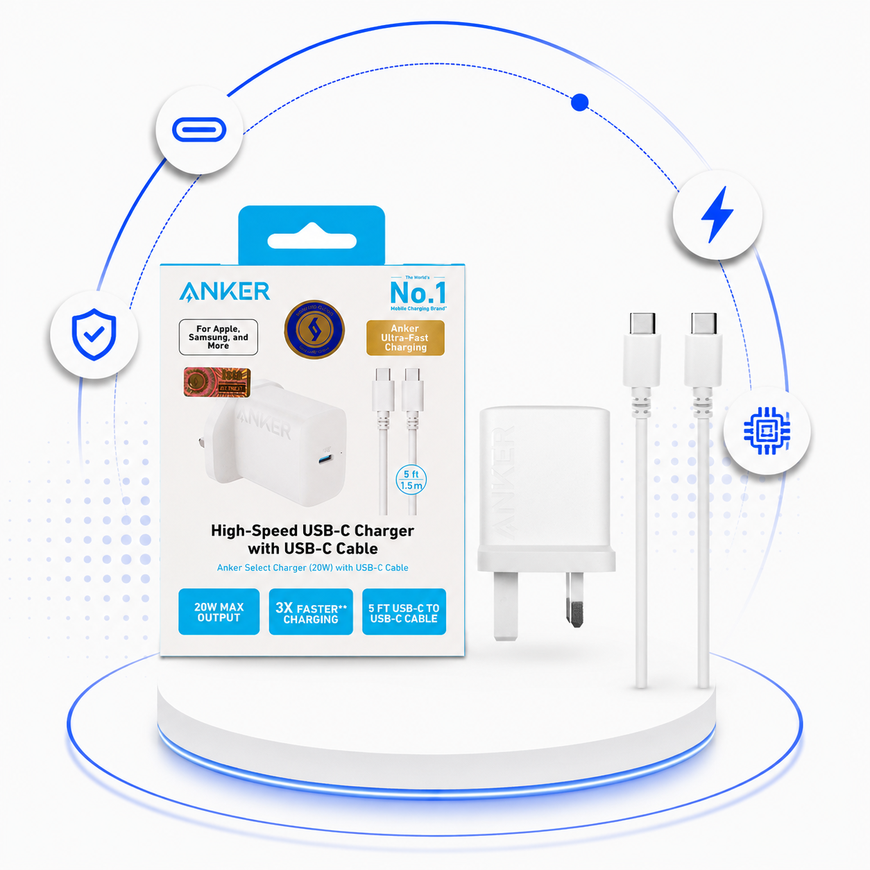 شارژر دیواری سه پین PD و فست تک پورت ANKER مدل B2347K21 20W به همراه کابل شارژ Type-C To Type-C